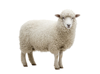 Fototapeta premium Isolated adorable fluffy white sheep standing, full body, with dense wool, farm animal