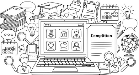 Fototapeta premium Online learning doodle concept with laptop, education icons, and certificate elements 