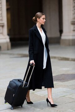 beautiful young woman walks on sideway in city center with suitc