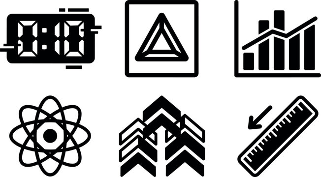 Black digital clock triangle chart atom arrows and ruler icons