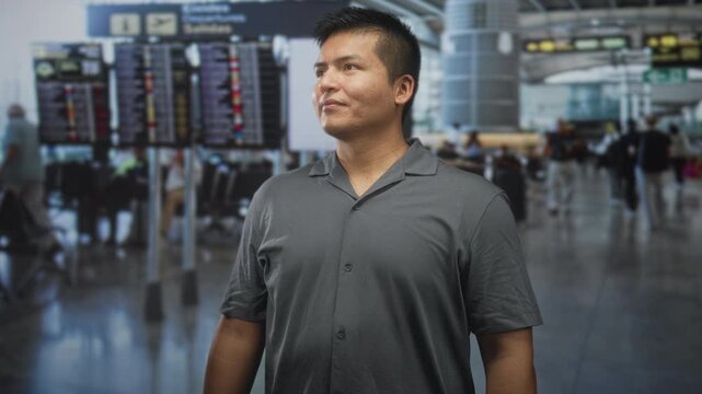 Man face looking up at a departure board in airport, standing with relaxed arms and casual shirt visible; anticipation travel.