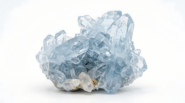 Close-up of a cluster of sparkling blue celestite crystals on a white background
