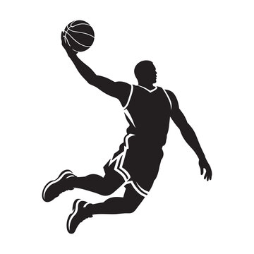 Stylized basketball player silhouette performing powerful slam dunk.