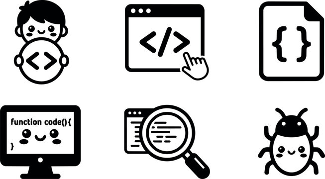 Cute cartoon coding icons with code symbols and bug illustration