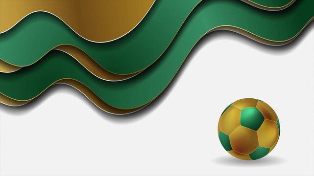 Concept abstract football background in gold and green with dynamic waves and soccer ball. Video animation Ultra HD 4K 3840x2160