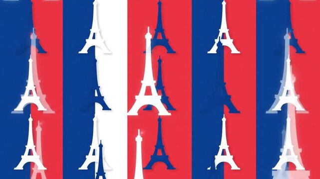 Celebrate Bastille Day with iconic Eiffel Tower silhouettes against a vibrant French flag background pattern
