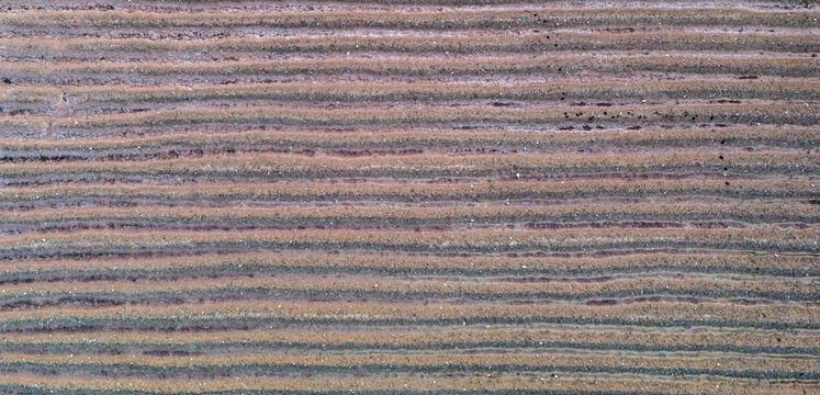 Direct overhead view looking straight down at an empty agricultural field prepared with highly defined raised brown soil ridges creating a satisfying repetitive horizontal texture