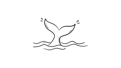 Minimalist black line vector icon of a whale tail fluke emerging from ocean waves, hand-drawn illustration on a white background, scalable nautical marine life symbol for logo or web design. © Tisha