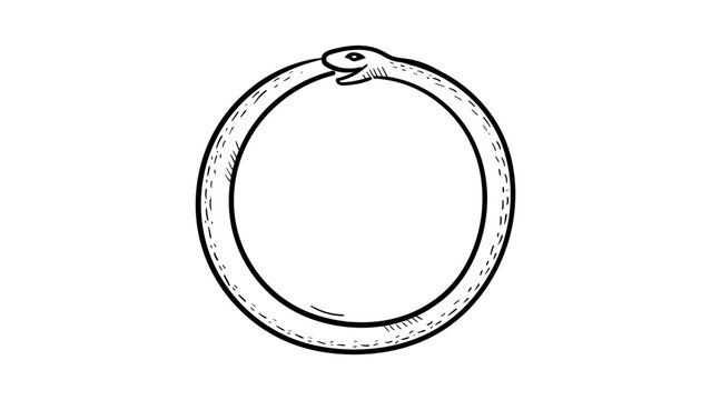 Ouroboros Minimalist Black Line Vector Icon Illustration on White Background; Hand-Drawn Outline of a Snake Eating Its Own Tail Representing Infinity, Eternal Cycle, Rebirth, and Wholeness.
