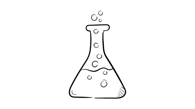 Minimalist hand-drawn Erlenmeyer flask vector icon illustration featuring a bubbling chemical reaction in a laboratory beaker, clean black line art outline isolated on a white background.