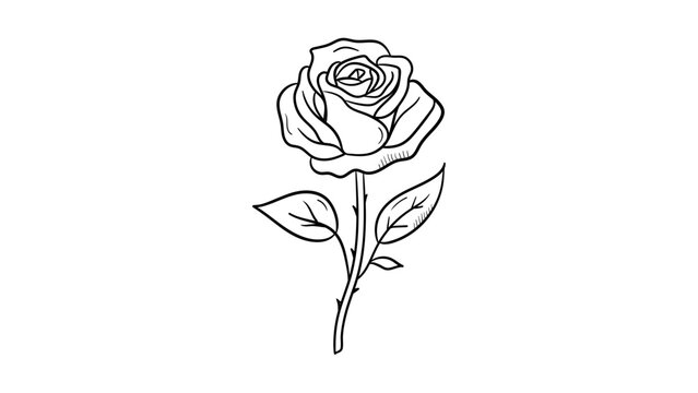 Minimalist black line vector icon illustration of a blooming rose flower with a long thorny stem and two leaves, hand-drawn outline style on a white background, scalable SVG graphic for design.