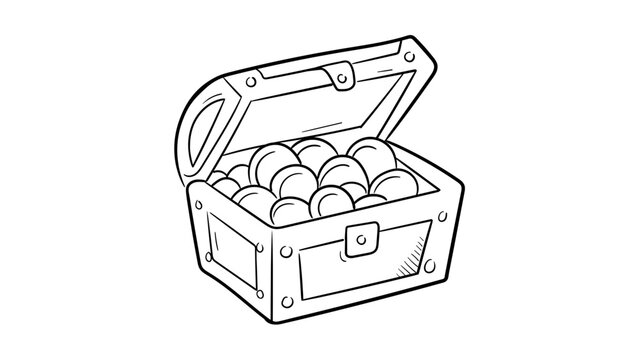 Minimalist black line vector icon of an open treasure chest overflowing with gold coins on a white background, hand-drawn pirate bounty illustration, scalable SVG design for wealth and savings.