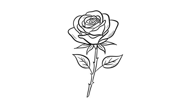 Rose Bloom: A minimalist black line vector icon on a white background representing a blooming rose with a thorny stem and leaves, perfect for elegant floral designs and botanical illustrations.