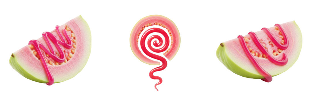 Guava Psidium guajava Slices with Creative Pink Juice Spirals and Liquid Swirls Isolated on White Background; Healthy Tropical Fruit Concept for Refreshing Drinks and Summer Smoothies