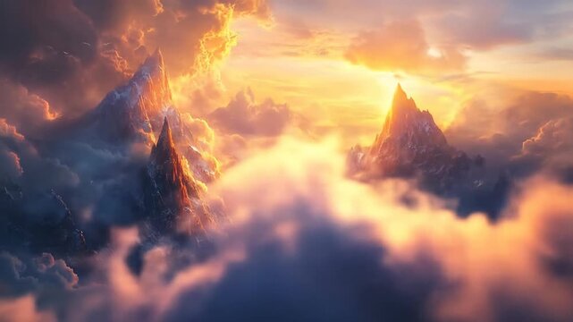 Dramatic mountain landscape with clouds and golden sunlight illustration