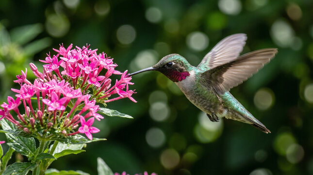 Rubythroated hummingbird hovering while feeding on pink pentas flowers