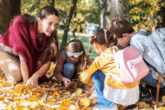 Energetic teacher leads a small, diverse group of preschoolers on an outdoor nature exploration, pointing out interesting details of the local flora and fauna.