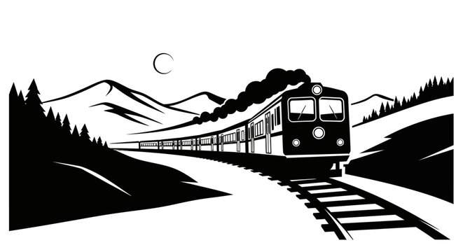 Retro passenger train locomotive traveling through a scenic mountain landscape at night, black and white illustration
