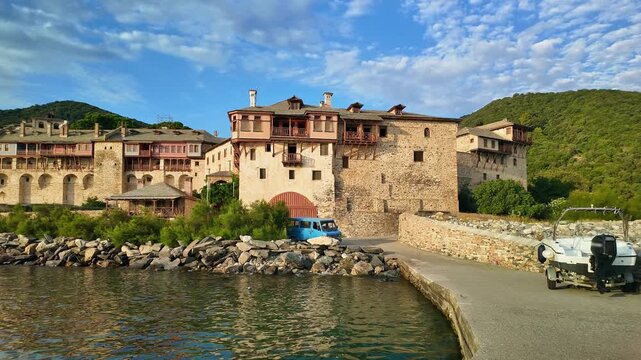 Slow panning of fortified Xenophontos Monastery, Mount Athos