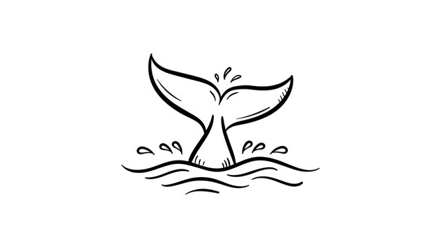 Minimalist black line vector icon illustration of a whale tail fluke emerging from ocean waves with water splashes, hand-drawn sketch style isolated on white background for marine nature design.