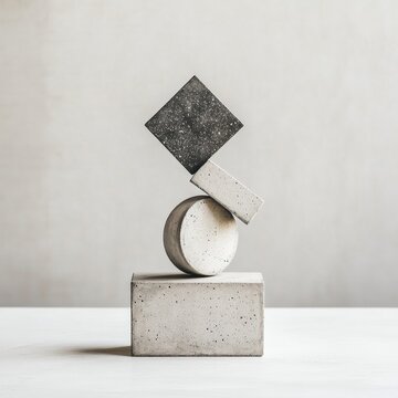 Abstract Concrete Forms Stacked grey geometric shapes (cuboid, cylinder, block, dark speckled square) in a precarious, minimalist balance. ,StillLife ,Sculpture