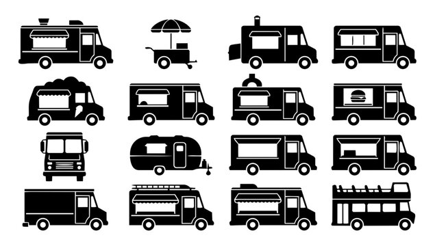 American Food Truck Silhouette Set, Street Food Vehicles Collection, BBQ Burger Taco Ice Cream Truck Icons, Vintage Mobile Food Vector