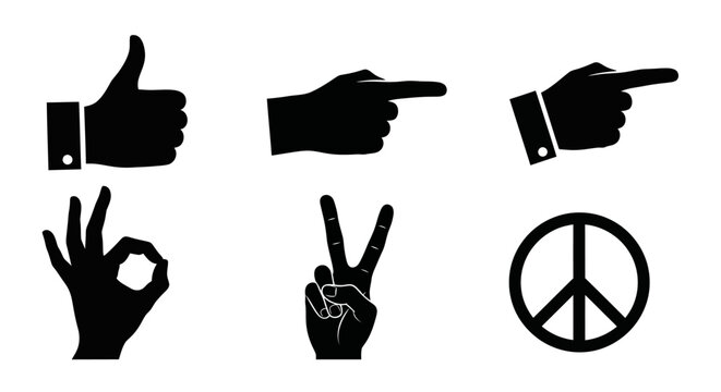 Various hand gestures depicted in striking black shapes silhouette