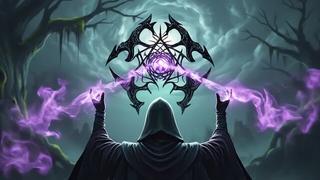 A hooded figure performing dark magic with a glowing symbol in an eerie forest.