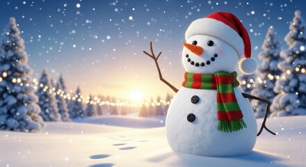 Obraz premium a cheerful snowman wearing a santa hat and scarf in a snowy forest with trees and a sunset in the ba
