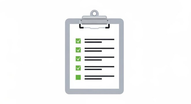 A gray clipboard with a checklist on a white background with green checkmarks business checklist cli