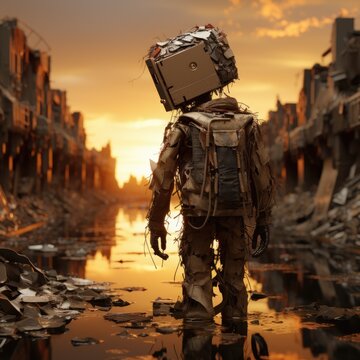 A robot of the future on the planet. A robot with a mission. A mechanical robot assistant, scout, warrior.