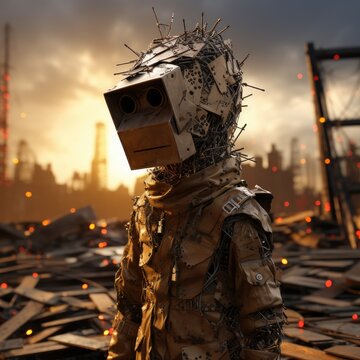 A robot of the future on the planet. A robot with a mission. A mechanical robot assistant, scout, warrior.