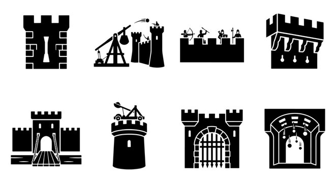 Medieval castle icons set, black silhouette fortress and siege weapon vectors, 8 ancient defense tower and catapult elements for gaming