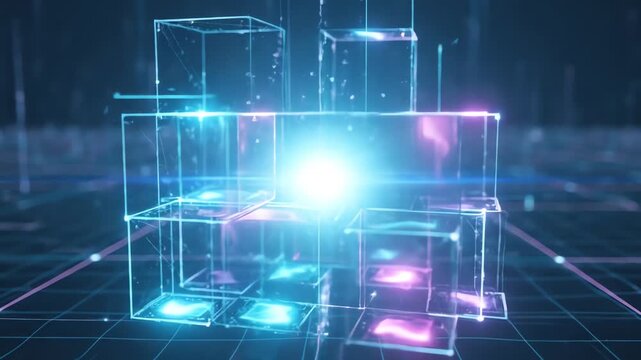 A glowing abstract digital structure representing data and technology in a futuristic grid environment.
