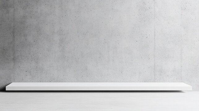 Empty modern studio with a clean white floating shelf against a textured concrete wall and floor, ideal minimalist display background. ,product showcase ,interior design