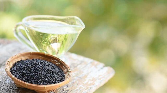Black sesame seeds and oil on natural background.