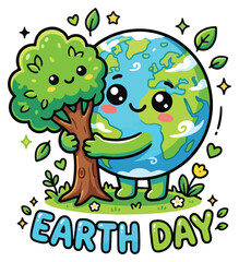 Fototapeta premium Cute cartoon Earth hugging a tree, celebrating Earth Day with a smile and nature elements