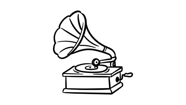 Vintage gramophone minimalist black line vector icon illustration on a white background, featuring a classic phonograph with a large horn and hand crank for retro music and nostalgia themes.