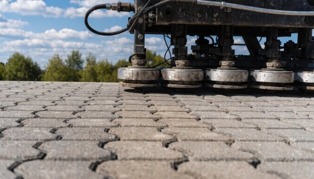 Medium shot of a machine compacting interlocking concrete paver blocks highlighting the precise pressing process for durable walkways and patios.