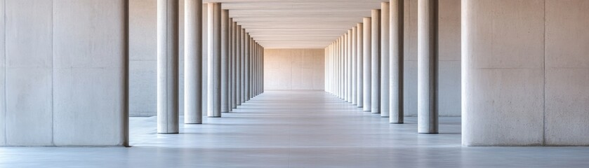 Naklejka premium Infinite Concrete Path Symmetrical architectural perspective of a columned hall, leading lines converging to a warm light, reflecting modern minimalism and structure. ,Perspective