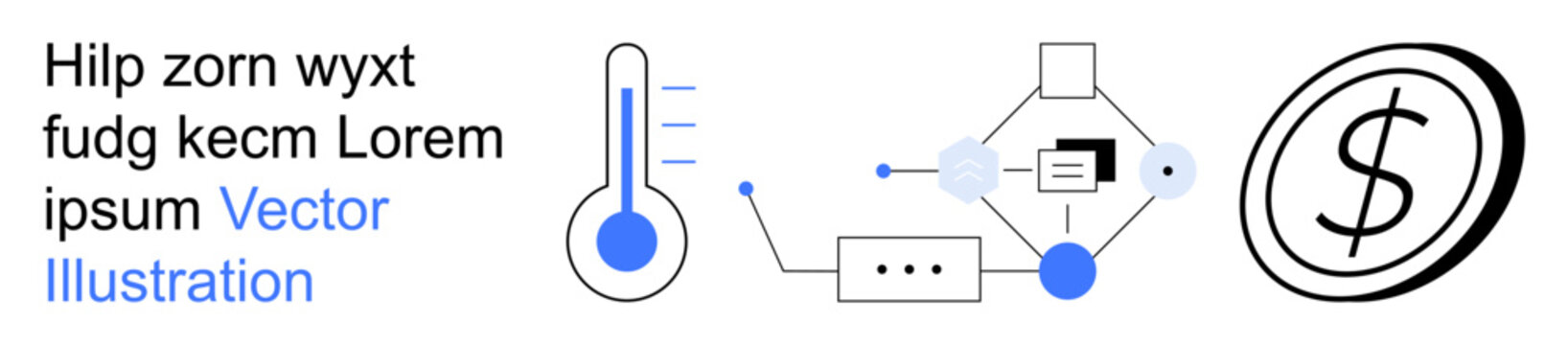 Data visualization, automation processes, financial operations, technology interfaces, decision-making, digital tools. Icons of thermometer, flowchart and dollar symbol. Data visualization