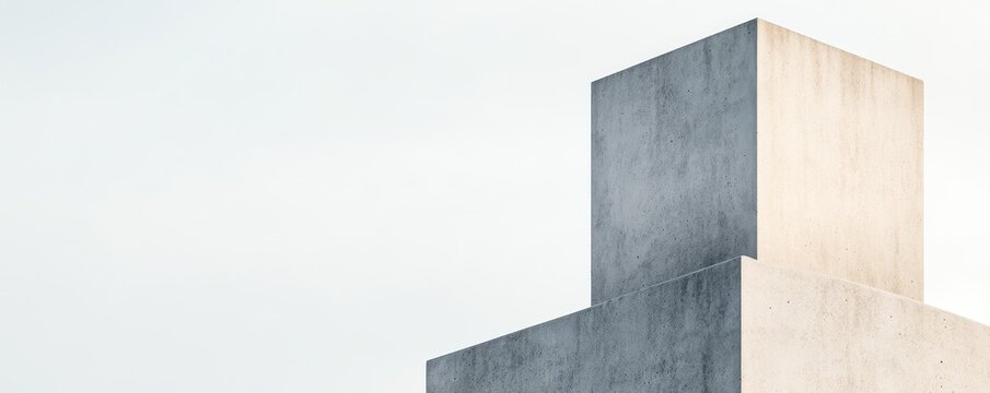 Minimalist brutalist Raw concrete blocks' geometric forms and textured planes contrast bright negative space, showcasing light and shadow in abstract modern architecture., geometry,