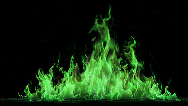 Vibrant green flames burning intensely against a dark black background, creating a striking and mysterious visual effect.