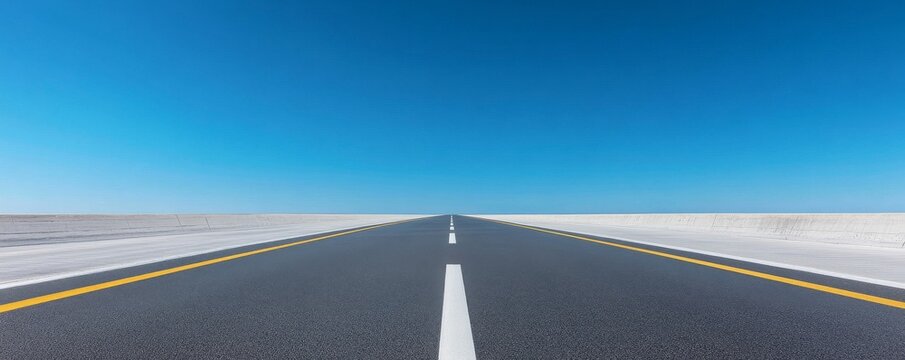Minimalist perspective of an endless straight asphalt road with strong leading lines under a vast, clear blue sky, evoking journey, freedom and the unknown horizon., journey, freedom