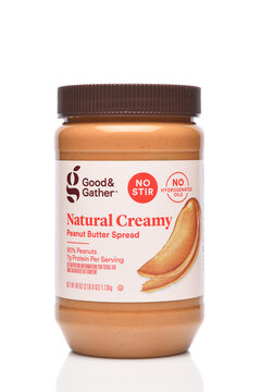 IRVINE, CALIFORNIA - 10 APR 2026: A jar of Good and Gather natural Creamy Peanut Butter Spread.