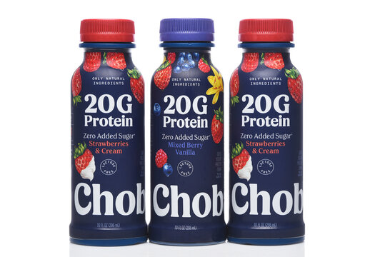 IRVINE, CALIFORNIA - 10 APR 2026: bottles of Chobani 20g Protein drink, Mixed Berry Vanilla and Srrawberries and Cream Flavors.