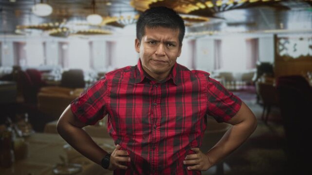 Man standing with hands on hips and scowl, red plaid shirt and wristwatch visible, arms akimbo in a studio restaurant set; frustration.