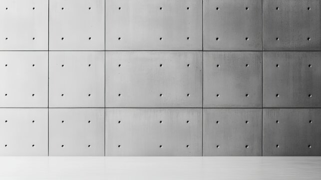 Monochromatic concrete panel grid with tie-rod holes, showing a left-to-right light gradient and reflective floor. A minimalist brutalist architectural backdrop., Texture, Geometric