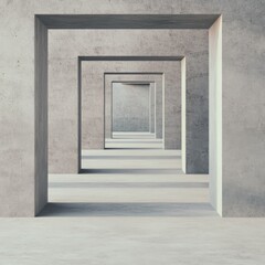 Fototapeta premium Repetitive concrete frames in a minimalist geometric corridor, showcasing infinite perspective, light and shadow. A modern architectural void. Brutalism, Abstract
