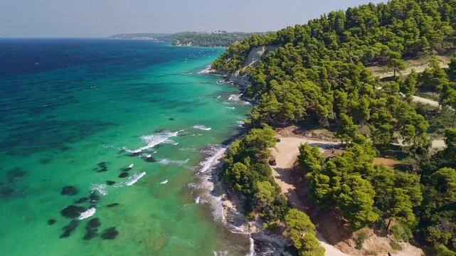 Aerial View of Kriopigi Wild Beach, Kassandra, Chalkidiki, Greece